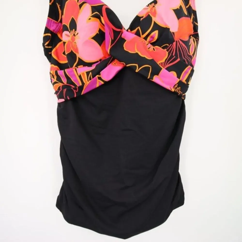 Lands End Black Pink Floral Criss Cross Twist Swim Tankini Top Size 4 D NWOT - Picture 3 of 8